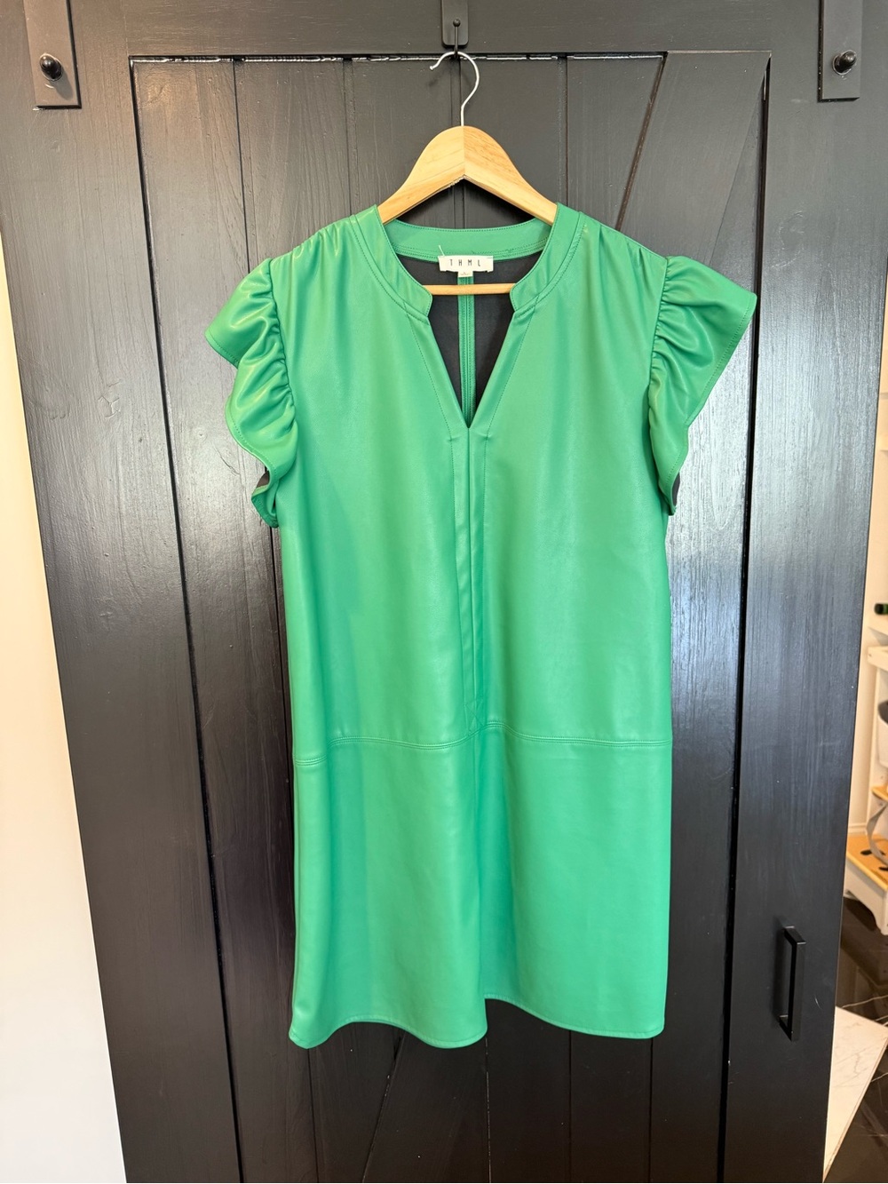 THML Emerald Green Faux Leather Flutter Sleeve Tunic